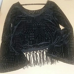 velvet burnout geometric fringe bell sleeved top